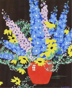 Alfred Joseph Casson: DELPHINIUMS AND DAISIES IN A RED VASE
