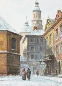 Jan Rawicz: COUPLE TALKING IN A CITY STREET WITH TOWERS IN THE BACKGROUND