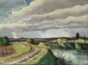 Henry George Glyde: PRAIRIE LANDSCAPE WITH GRAIN ELEVATOR AND BROODING SKY  / ROCKY MOUNTAIN RIVER LANDSCAPE (verso)