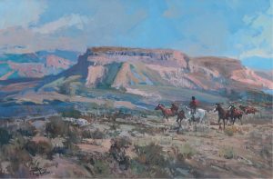 Jack Elmo King: RIDER LEADING HORSES IN A DESERT TERRAIN