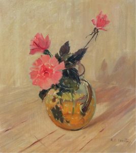 Alfred Crocker Leighton: PINK ROSES IN A HOBNAIL PITCHER