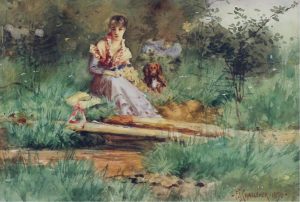 Frederick Sproston Challener: A WOMAN AND HER DOG IN A WOODED SCENE