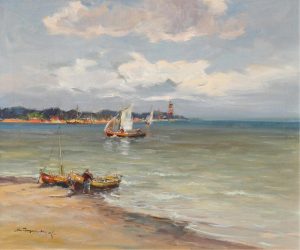Eugeniusz Dzierzencki: COASTAL SCENE WITH A FISHERMAN TENDING TO HIS BOATS