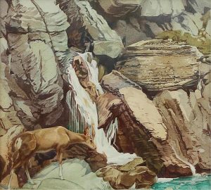 Walter Joseph Phillips: DEER NEAR A WATERFALL