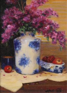 Joan Hall Staseson: STILL LIFE WITH HYACINTHS AND APPLES