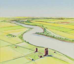 Robert Newton Hurley: FARMLAND AND GRAIN ELEVATORS (AERIAL VIEW)