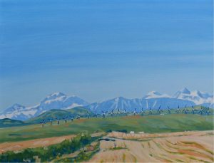 Robert F. M. McInnis: SOUTHERN ALBERTA LANDSCAPE, WINDMILLS NEAR PINCHER CREEK