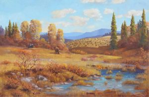 Meredith Evans: COWS GRAZING IN A LANDSCAPE WITH STOOKS AND DISTANT MOUNTAINS