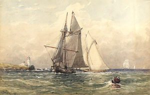 Lucius Richard O’Brien: SHIPS NEAR SHORE WITH LIGHTHOUSE