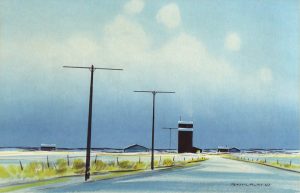 Robert Newton Hurley: PRAIRIE ROAD AND GRAIN ELEVATOR, TWILIGHT