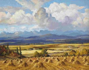 Duncan Mackinnon Crockford: HARVEST TIME – VIEW FROM THE OLD BANFF COACH ROAD, WEST OF CALGARY, ALBERTA