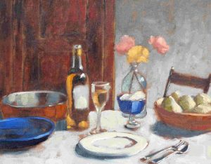 Paul Healey: STILL LIFE WITH FLOWERS, WINE AND FRUIT