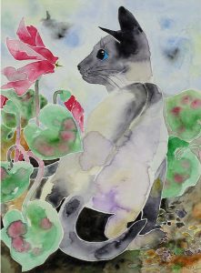 Yone Young: CAT WITH TULIP; 1983  |  UNTITLED (CAT WITH FLOWERS); 1984