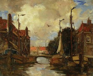 Cornelis Anthonij van Waning: UNTITLED (BOATS ON A DUTCH CANAL)