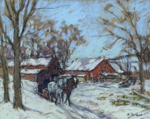 Berthe Des Clayes: HORSE-DRAWN SLEIGH AND RED BARN