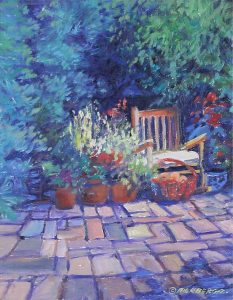 Rick Berg: PATIO WITH CHAIR AND POTTED FLOWERS