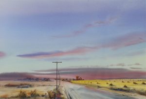 Cecil E. James: PRAIRIE TOWN AT SUNSET, WITH STOOKS AND GRAIN ELEVATORS