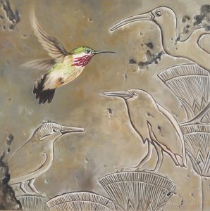 Kindrie Grove: FLIGHT OF THE ANCIENTS: CALLIOPE HUMMINGBIRD & EGYPTIAN STONE RELIEF
