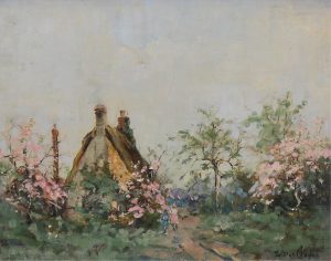 Berthe Des Clayes: TWO FIGURES ON A COUNTRY PATH BY A COTTAGE