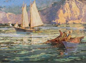 Robert Ford Gagen: ST. LAWRENCE SCENE WITH SAILBOAT AND FISHERMEN HAULING IN THEIR NETS