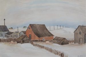 John Harold Thomas Snow: WINTER FARM SCENE WITH RED BARN