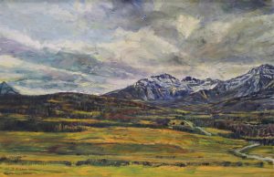 Jack Rigaux: FOOTHILLS LANDSCAPE WITH STORM BREWING OVER THE MOUNTAINS