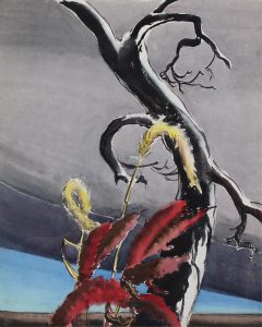 Wilfred Roloff Beny: GNARLED TREE AND GRAIN STALKS UNDER A DARK PRAIRIE SKY