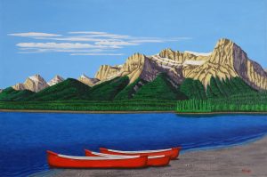 Barbara Engel: BOW VALLEY CANOES (VIEW OF THREE SISTERS – HA LING PEAK)