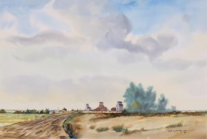 Cecil E. James: PRAIRIE TOWN AT SUNSET, WITH GRAIN ELEVATORS AND PRAIRIE ROAD