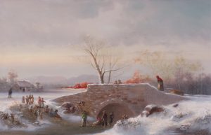 Cornelius David Krieghoff (attributed to): WINTER ACTIVITIES ON A FROZEN CANAL