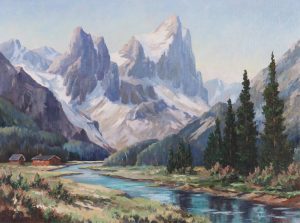 Reginald Llewellyn Harvey: CABIN IN A ROCKY MOUNTAIN LANDSCAPE