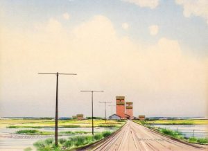 Robert Newton Hurley: GRAIN ELEVATORS AT THE END OF A PRAIRIE LANE