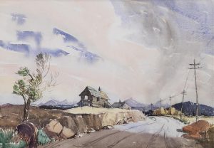 Henry George Glyde: ROAD BY A FARM WITH DISTANT MOUNTAINS