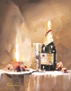 Kal Gajoum: STILL LIFE WITH CHAMPAGNE BOTTLE, FLUTE AND CANDLE