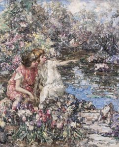 Edward Atkinson Hornel: TWO GIRLS SEATED BY TULIPS AND OVERLOOKING A LILY POND