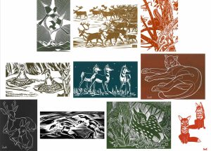 Illingworth Holey (Buck) Kerr: 10 BLOCK PRINTS, FOLIO I:
MAGPIES, WINTER SUN / CARIBOU TREK / FROM MY WINDOW / PRONGHORN DOES / COUGAR / CHICKENS IN THE SNOW / MULE DEER / GOLDEN EYES / AFTERNOON OF A FAWN