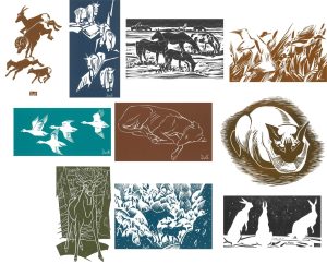 Illingworth Holey (Buck) Kerr: 10 BLOCK PRINTS, FOLIO II:
MOUNTAIN SHEEP / GOATS / WINTERING OUT / MALLARDS GOING UP / SNOW GEESE / SLEEPING HOUND / COSI CAT / SPIKER / WINTER / JACK RABBITS