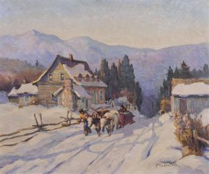 James McCorkindale: LAURENTIAN SCENE WITH OX DRAWN SLEIGH