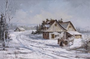 Claude Langevin: LAURENTIAN SCENE, HORSE AND SLEIGH BY A BARN