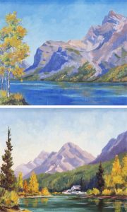 Reginald Llewellyn Harvey: LAKE MINNEWANKA CABIN BY A RIVER