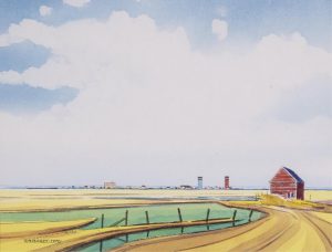 Robert Newton Hurley: RED BARN AND DISTANT PRAIRIE TOWN