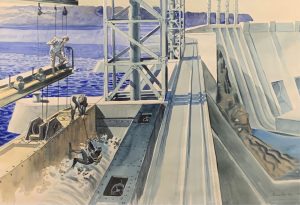 Duncan Ian MacPherson: DIVERS BILL WHITE AND TED MURPHY AT MACTAQUAC DAM, NEW BRUNSWICK