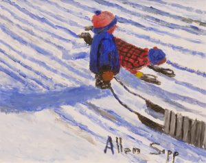 Allen Sapp: TWO KIDS SLEDDING, HAVING FUN