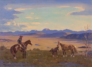 Theodor Marie (Ted) Schintz: COWBOY WITH HORSES ON THE OPEN RANGE
