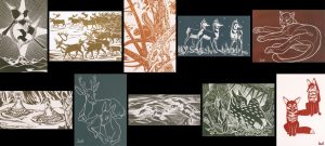 Illingworth Holey (Buck) Kerr: 10 BLOCK PRINTS, FOLIO I: MAGPIES, WINTER SUN / CARIBOU TREK / FROM MY WINDOW / PRONGHORN DOES / COUGAR / CHICKENS IN THE SNOW / MULE DEER / GOLDEN EYES / AFTERNOON OF A FAWN