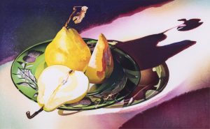 Mary Frances Pratt: PEARS ON A GREEN GLASS PLATE