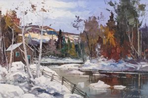Geza (Gordon) Marich: RIVERSIDE CABIN IN LATE AUTUMN SNOW