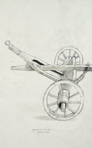 William Kurelek: 18TH CENTURY WHEEL CARRIAGE FOR PLOW HOOK
