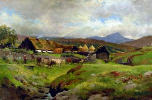 John Milne Donald: UNTITLED (HIGHLAND CROFT WITH CATTLE BY A STREAM)