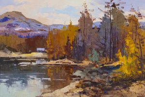 Geza (Gordon) Marich: AUTUMN SCENE WITH LAKESIDE CABIN AND MOUNTAIN BACKDROP